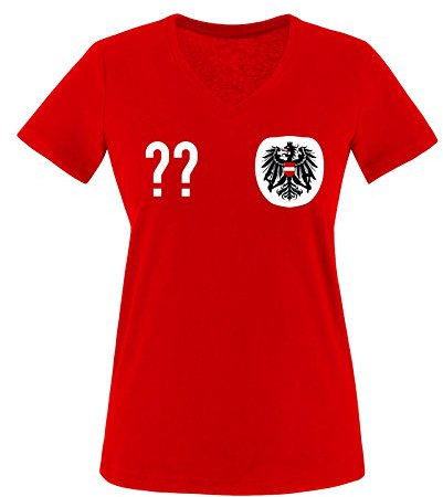 Comedy Shirts Trikot - at - WUNSCHDRUCK - Damen V-Neck T-Shirt - Rot/Weiss-Schwarz Gr. M