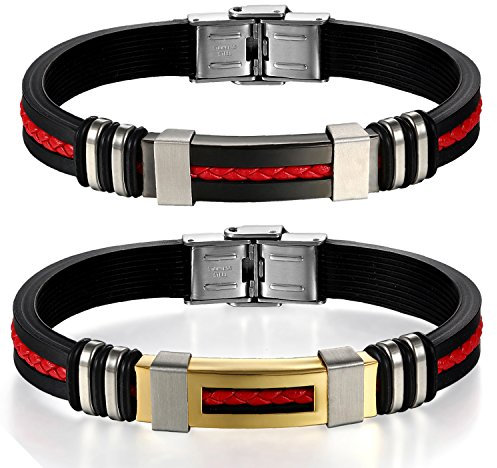 JewelryWe Schmuck 2pcs Herren Armband, Klassisch Edelstahl Schwarz Kautschuk Armreif Armschmuck mit Rot Geflochten Leder Seil, 2 Modellen