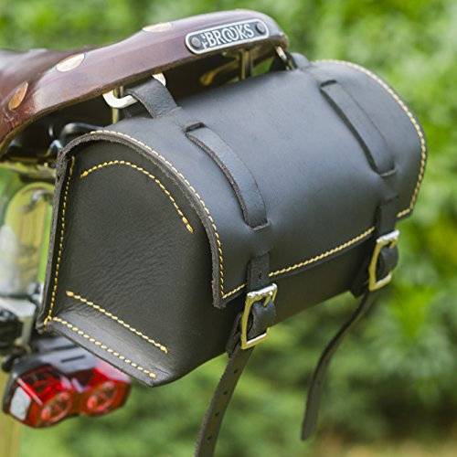 London Craftwork Classic Square Sillín/Manillar Bicicleta Bolsa Cuero Genuino Negro/Amarillo para Bicicleta Herramientas Box-BL/YE