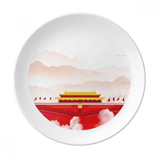 DIYthinker Rote Fahne Tiananmen Berg Nebel Dekorative Porzellan Dessertteller 8-Zoll-Dinner Home Geschenk 21cm Diameter Mehrfarbig