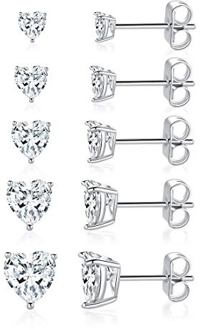 MDFUN 18K White Gold Plated Heart Shape Cut Cubic Zirconia Birthstone Stud Earring Pack of 5 Pairs (4-April-Diamond)