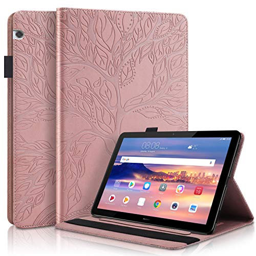 Aswant Huawei Mediapad T5 10 Hülle PU Leder Geprägte Baum Desgin Brieftasche Folio Flip Tasche Stifthalter Stand Funktion Tablet Hülle für Huawei Tablet Mediapad T5 10.1 Zoll 2018 - Roségold