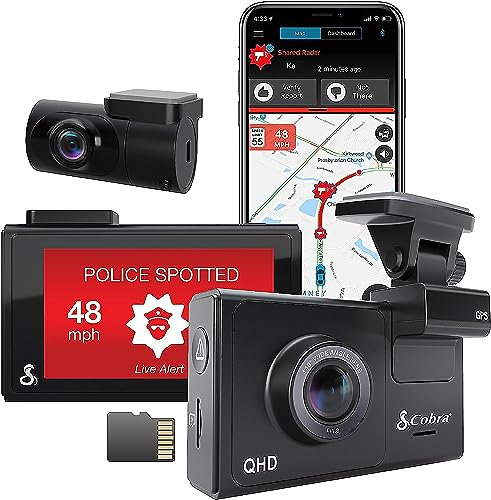 Cobra Smart Dashcam Autokamera + hinten Kamera QHD+ Video 1600P Auflösung, Sprachsteuerung, integriertes WiFi & GPS, 16GB SD Karte, 3 Display, gemeinsame Alarme, Notfall MayDay, Drive Smarter App