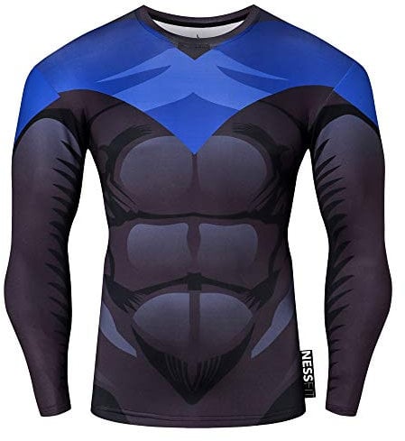 Nessfit Superhero Mens Compression Top Long Sleeve Gym Base Layer Training Fitness Shirt Workout Thermal Sweatshirt (Large, Superhero 5)