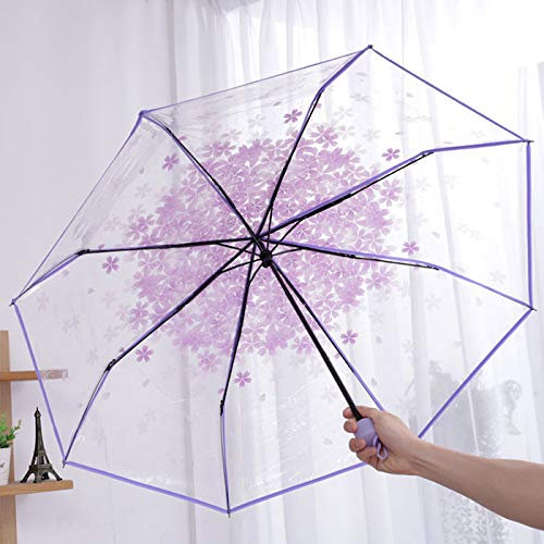 Xushiwanju Regenschirm sturmfest DREI Falten Regenschirm Frauen Transparent Klar Kirschblüte Pilz Apollo Sakura Folding Sonnenschirm Regenschirm Regen Frauen Sonnenschirm Anti-UV(LILA)
