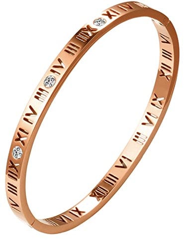 JewelryWe Damen Armreif Römische Ziffern: Rosegold Edelstahl Zirkonia Liebe Armband 5mm breit mit Schließe und römische Zahlen Freundschaft Armspange für Frauen Freundin Ehefrau