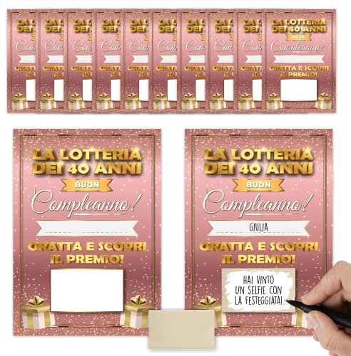 Gratta e Vinci Personalizzato Gioco Compleanno - La Lotteria della 40enne - 12 Gratta e Scopri per Compleanni - Bigliettini Grattabili Per Intrattenere Gli Ospiti - Idea Regalo 40 Anni Donna Originale