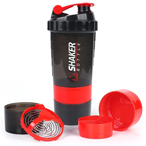 XSUPER Shaker Bottle, Leak Proof Shaker Bottle for Protein Mixes,16oz 3 Layer Twist Off Cup with Pill & Supplement Storage, Gym Sports Cup for Protein Powder, Red