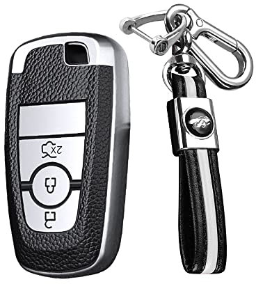 KUNIO Autoschlüssel Hülle Passt für Ford Mondeo Mustang Explorer EcoSport S-Max Ranger Fiesta F150 F250 TPU Leder-Textur Schlüsseletui Schlüsselanhänger Schlüsselschutz 3 Tasten Silber