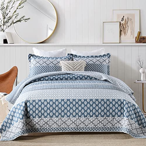 SahSahCasa Quilt King Size, King Size, Quilt Set, 100% Cotton Floral Quilt, King Quilt Bedding Set, Bedspreads, Patchwork, Reversible, Lightweight, Comforter for All Seasons, Blue/Grey, 3 Pieces