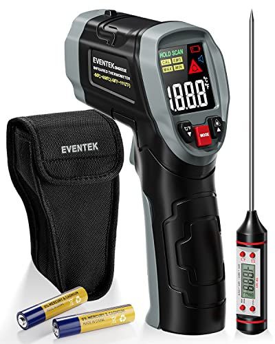 Eventek Termometro Infrarossi, [3 in 1] -50°C 600°C （-58°F 1112°F), Digitale, Laser, Senza Contatto Emissività Regolabile per Cucina/Pizza/Forno/BBQ, Include Termometro per Carne & Sacchetto