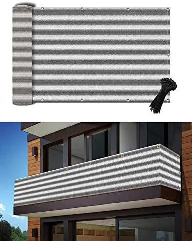 POYEE Balkon Sichtschutz, 90x600cm Balkonabdeckung UV-Schutz Balkonsichtschutz Balkonnetz Windschutz Wetterfester mit Kabelbinder für Balkongeländer, Terrasse, Garten, Grau-weiß