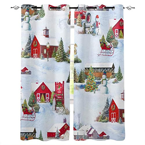 loyaltyer Gardinen Weihnachten Rotes Haus Vorhang 3D Weicher Blickdichte Vorhänge Thermovorhang Kälteschutz Schlaufenschal 2er Set mit Ösen für Schlafzimmer Wohnzimmer Kinderzimmer, 245x140 cm(HxB)
