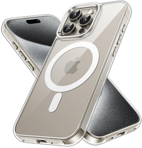JETech Funda Magnética para iPhone 15 Pro 6,1 Pulgadas, Compatible con MagSafe Carga Inalámbrica, Carcasa Antigolpes, Parte Trasera Transparente Anti-Arañazos (Transparente)