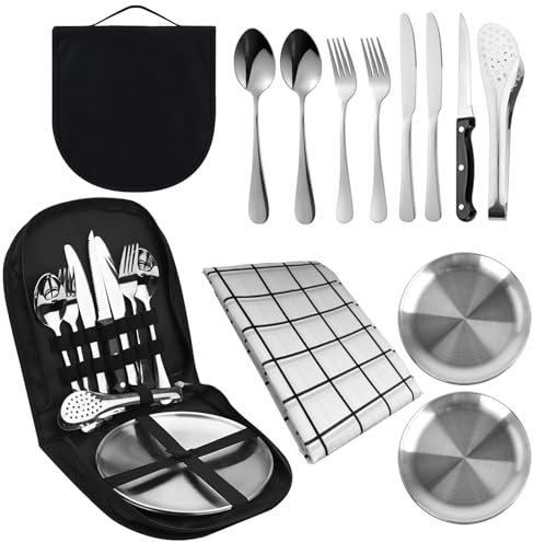 Set de table de camping 12 pièces, couverts de voyage pour 2 personnes, set de couverts de camping en acier inoxydable, set de table de pique-nique pour le camping, vaisselle d'extérieur