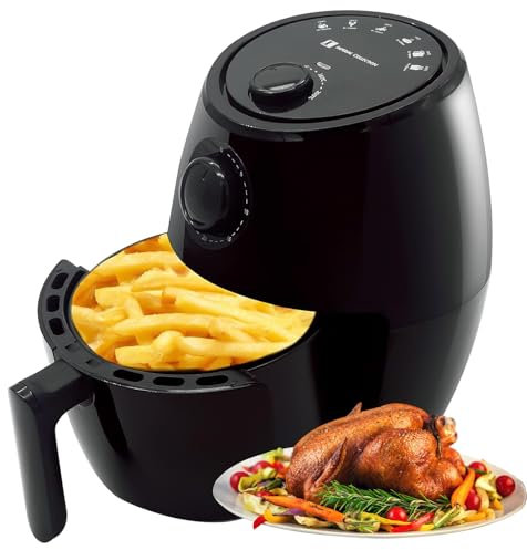 Airfryer 2L Heißluftfritteuse & Kochbuch, Heissluftfritteuse mit Timer & 360° Max-Temperatur, Minibackofen Air-Fryer mit Antihaftbeschichtung & Spülmaschinenfest – Heißluftfritteuse klein & Dual-Knob
