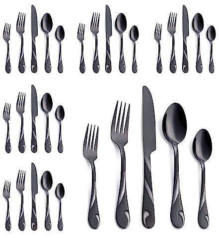 Seeshine 30 Piece Black Stainless Steel Cutlery Set for 6 People, 6 Sets of 5 Piece Flatware, Includes Knife, Fork, Spoon, Dishwasher Safe