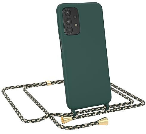 EAZY CASE - Handyhuelle mit Kordel zum Umhängen - Samsung Galaxy A23 5G Ultra Dünn, Flexibles Silikon, Fallschutz, Guter Griff Handyhülle, Nacht Grün/Grün Camouflage Clips Gold