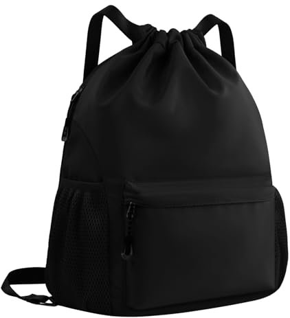 Turnbeutel Sportbeutel mit Kordelzug, Sport Rucksäcke Verstellbar Damen Herren, Sporttasche Große mit Bodenfach Netztaschen Wasser, Kordelzugbeutel Wasserdicht Unisex für Schwimmen Reisen (Schwarz)