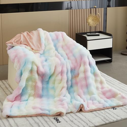 TOPCHANCES Kuscheldecke Flauschige Decke Plüsch Kaninchen Super Soft Wohndecke Dick 1200GSM Flanell Bubble Couchdecke Warm Überwurfdecke Sofadecke Vielseitig Blanket Für Bett Sofa,Regenbogen,160×200cm