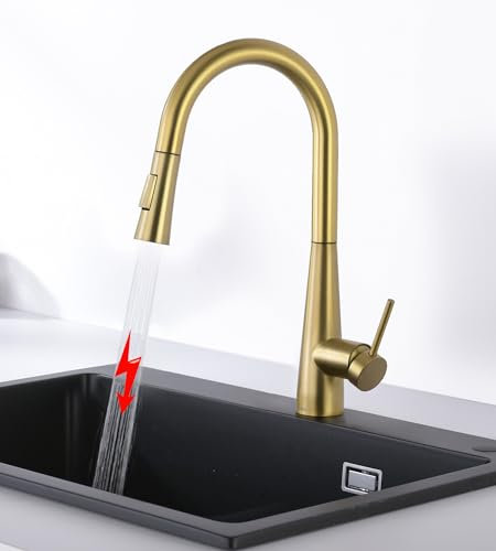 Tohlar Niederdruck Armatur Küche Gold, Küchearmatur mit Ausziehbare Brause, Niederdruck Wasserhahn Küche 360° Drehbar Küchenarmatur aus Edelstahl Moderner Niederdruck Spültischbatterie