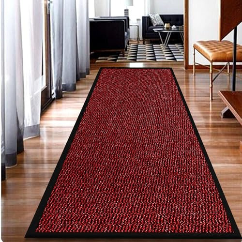 Nonslip Rubber Door Mat for Bath, Kitchen Entrance Front or Back Door Mat - Water Absorbent Dirt Trapper Runner Rug Machine Washable Floor Mat - 90 x 150cm, Red