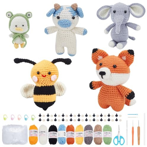FREEBLOSS 5 Set Häkelset Häkeltiere Set Für Anfänger Mit Video Tutorials Häkel Starter Set Häkelgarn Und Häkelnadel Set Für Anfänger Strickset als Geschenk Häkel Elefant Biene Fuchs Ente