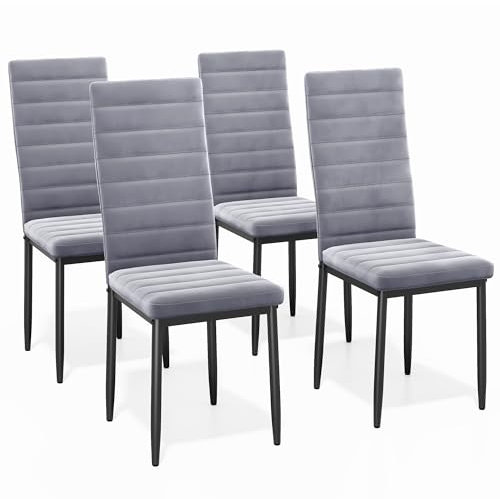 Bealife 4 Chaises Salle à Manger en Flanelle, Dossier Haut Confortable avec Couture Verticale et Pieds Métal pour Cuisine/Salle à Manger//Bureau et Décor Moderne (Gris Clair)