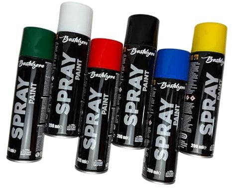 Bastelzone Spray Paint Set 6 Colors 200ml Each Quick Dry Graffiti Spray Cans for Wood, Stone, Metal, Glass Black White Blue Green Red Yellow