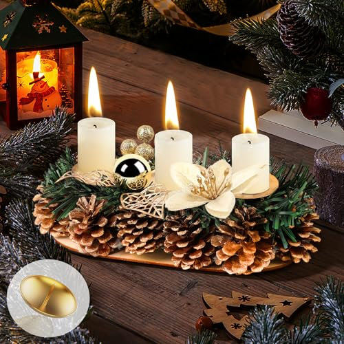 Adventskranz länglich,Adventsgesteck Holz Metall Gold Kerzenständer Weihnachten für 3 Kerzen, Kerzenhalter, Adventsgesteck, Adventskerzenhalter, Kerzenleiste als Tischdeko