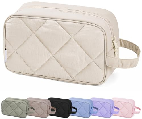 Narwey Große Kosmetiktasche für Damen & Herren - Wasserdichter Kulturbeutel mit Reißverschluss, Schminktasche Reise Essential, Toilettenorganizer für Make-up, Reisezubehör (Gesteppte Beige)