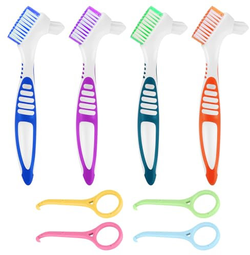 4 pcs Denture Brushes, Dual-Head Denture Cleaning with Aligner Removal Tool, Multi-Layer False Teeth Set Portable Toothbrush Cleaner for Denture Cleaning, Retainer Cleaning, Oral Care