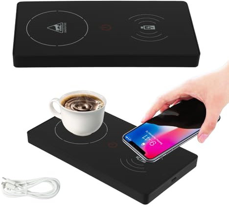 Coffee Mug Warmer, 2-in-1 Smart Cup Warmer with 15W Wireless Charger, Constant temperature 55°/131°F Electric Mug Warmer for Desk, Multifunction Heating Coaster Drink Warmer for Cocoa Tea Milk (Black)