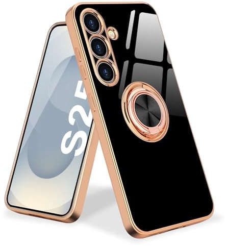 Urarssa Kompatibel mit Samsung Galaxy S25 Hülle Schwarz | Galvanik Glänzend Handyhülle Weiche Mode Case mit 360 Grad Ring Ständer Schutzhülle, Stoßfest