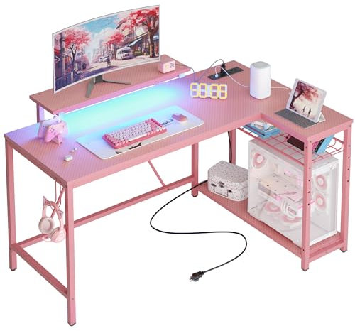 Bestier Escritorio para Juegos de 132 cm en Forma de L con iluminación LED y enchufes. Escritorio de Esquina Reversible con Puertos USB, estantes y Ganchos para Auriculares para Oficina en casa y