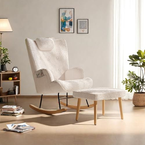 YGHQAP Fauteuil a Bascule, Fauteuil Allaitement avec Repose-Pieds, Rocking Chair en Tissu Teddy, Chaise à Bascule avec Poches Fauteuils Relax pour Chambre, Salon (Beige 1)