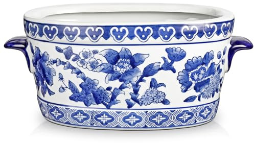 Briful 10.6 Large Blue and White Ceramic Pot - Vintage Planter Floral Oval Cachepot Vase for Indoor Plants, Flowers & Succulents - Glazed Chinese Porcelain Style Decorative Bowl - No Drainage