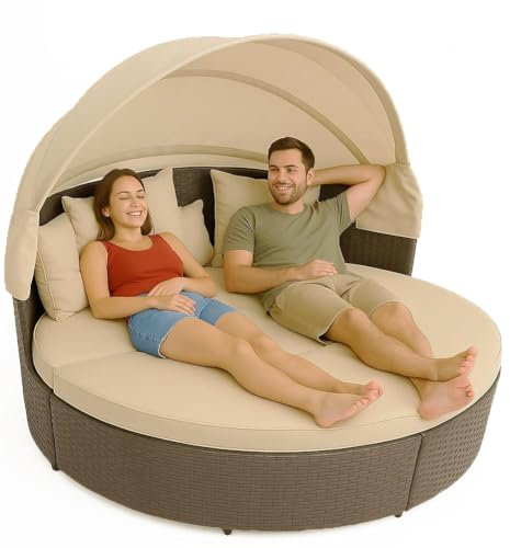 BAKAJI Letto Isola in Rattan Modulabile da Giardino, Divano Trasformabile in Poltrone con Tavolino da Esterni, Tettuccio Parasole Apribile, Imbottitura Alta Densità, Moduli Personalizzabili (Marrone)