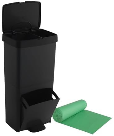 Pack Cubo de basura o reciclaje 70L en NEGRO VERTICAL, 2 compartimentos, Papelera residuos INCLUYE rollo 20 bolsas de basura de 40l
