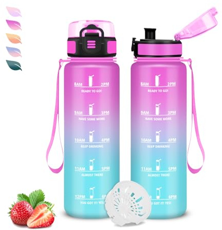 Grsta Trinkflasche, 500ml Wasserflasche Kinder, Leicht zu Reinigen, Wasserflasche mit Uhrzeit und Zeitmarkierung, Auslaufsicher, Leicht zu Yragen, für Schule, Büro, Outdoor, Camping, Fitness, Running