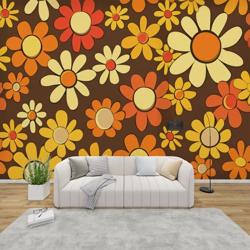 QEODAH 3D Tapete Retro Blume Schlafzimmer, Fototapete 70er Hippie, Vliestapete Orange, Tapeten Wohnzimmer Muster, Boho Retro Blumen Wand Deko Kinderzimmer, Wandtapete, Mustertapete Vlies 350x256 cm