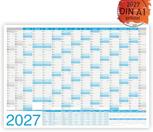 Breithstein Wandkalender 2027 DIN A1 (84,1 × 59,4 cm) — 15 Monate Nov 2026 bis Jan 2028, Feiertage & Schulferien, Mondphasen, 150 g/m², gefaltet, blau, 3er-Pack