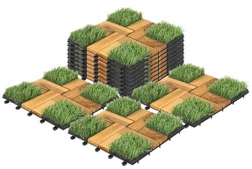 Cecaylie 33er Pack Holzfliesen aus Akazien Holz, Holzfliesen Outdoor 30x30cm - 3m², Balkonfliesen mit Grass, für Balkon, Garten, Terrasse, Bodenbelag Einfach, Schnell und Praktisch Verlegt