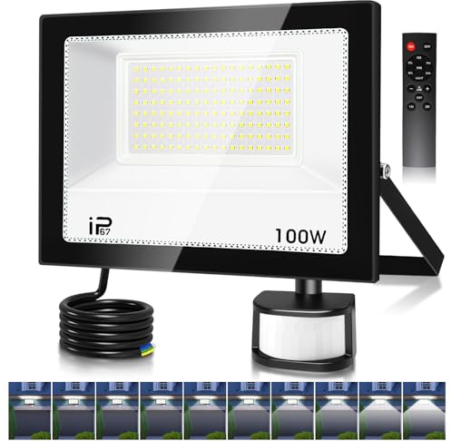 Projecteur Led Exterieur Detecteur de Mouvement et Télécommande 100W, 10000LM 7000K Spot LED Extérieur,Réglables 10 luminosité Eclairage Exterieur Blanc Froid Étanche IP67 pour Garage Jardin-Noir