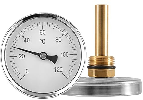 Bimetall Thermometer Ø 63mm,Axial-Zeigerthermometer mit 1/2 Zoll Tauchhülse | Zeigerthermometer 0-120°C mit Messing Tauchhülse(1/2 Zoll Anschluss), Metallthermometer für Heizsysteme und Boiler
