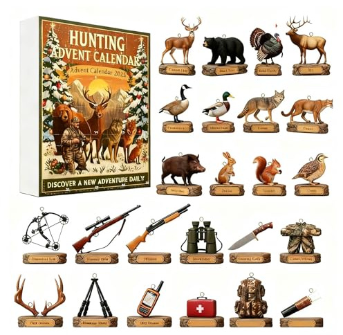 Jagdabenteuer Adventskalender 2025, 24 Tage Wildnisgeist mit Jagd-Themen-Mini-Ornamenten, 2D-Acryl-Ornamente, Weihnachts-Countdown-Kalender, Urlaubsgeschenke für Jagdbegeisterte