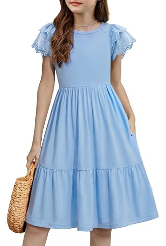 Arshiner Girls Dress Kids Lace Short Sleeve Summer Party Festive Dresses | A-Line,Round Neck,Casual Midi,Solid Color,Evening ,Anniversary,Birthday,Wedding,Dress with Pocket,6-14 Years
