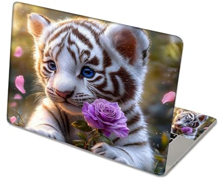 DISUOFEART Aesthetic Laptop Skin Sticker, White Tiger Cub with Rose Waterproof Vinyl Laptop Decal, Removable Bubble Free, Reusable Protective Cover for 13 14 15 15.6 Inch