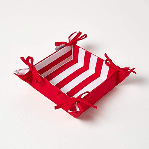HOMESCAPES Reversible Bread Basket Double Design Fabric Red Striped Pattern Foldable Basket for Buns Eggs Baked Goods 100% Cotton Cover