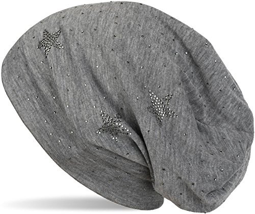 styleBREAKER Beanie Mütze mit Strass Sterne und All Over Strasssteine, Slouch Longbeanie, Damen 04024116, Farbe:Grau meliert